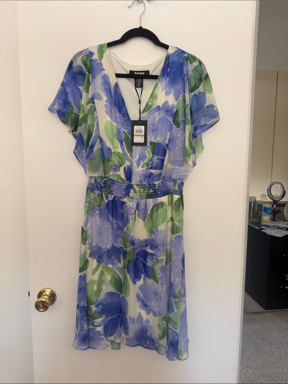 DKNY Blue & Green Floral V-Neck Dress